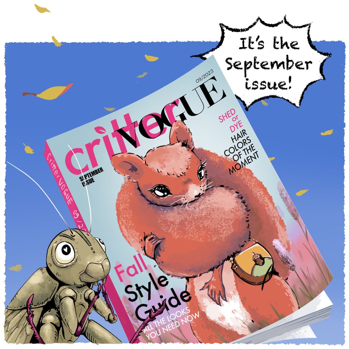 Cat Cricket gasps in front of the Critter Vogue magazine cover.